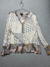 Boho XL Womens Neutral Patchwork Peasant Tunic Blouse Mixed Print Beach Casual