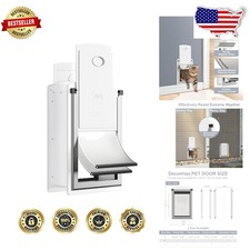 Durable Cat Door for Wall, Steel Frame, Dual Magnetic Flaps, Secure Lock, White