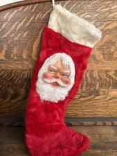 Vtg Christmas Rubber Face Santa Claus Plush Stocking 1950s