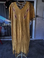 Vintage Factory Artwear Costume Dress Brown Am Indian Trim Fringe XL Embroidery