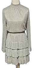 Express Metallic Silver Pleated Tiered Mini Dress Long Sleeve Size S