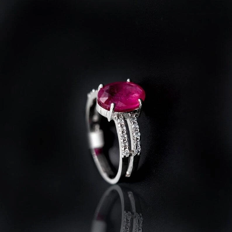 Natural Ruby and White Topaz 925 Sterling Silver Ring Statement Women Ring Q522 - Image 2 of 4
