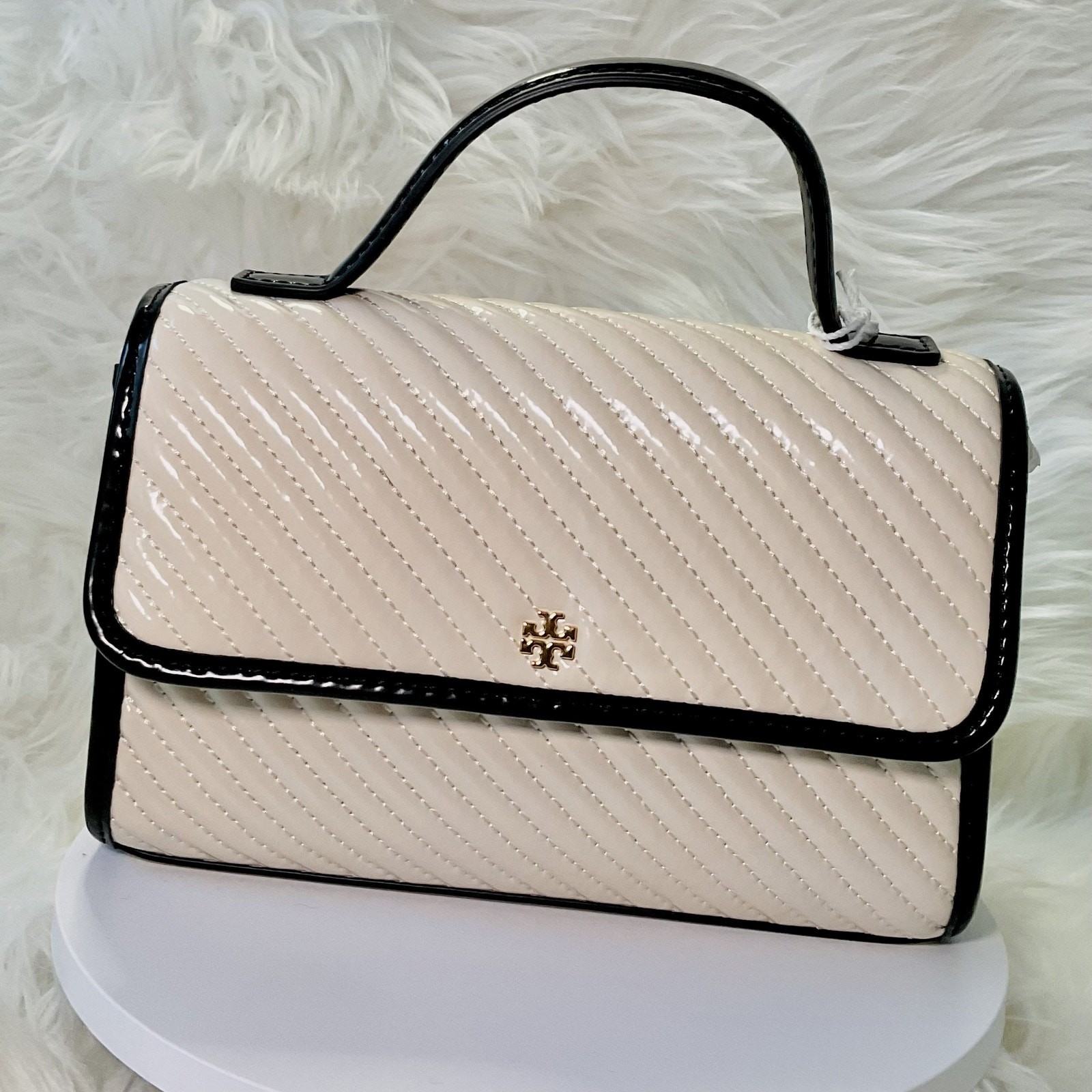 NEW $600 Tory Burch Emerson Quilted Patent Cream Ivory Mini Top Handle Crossbody thumbnail 2