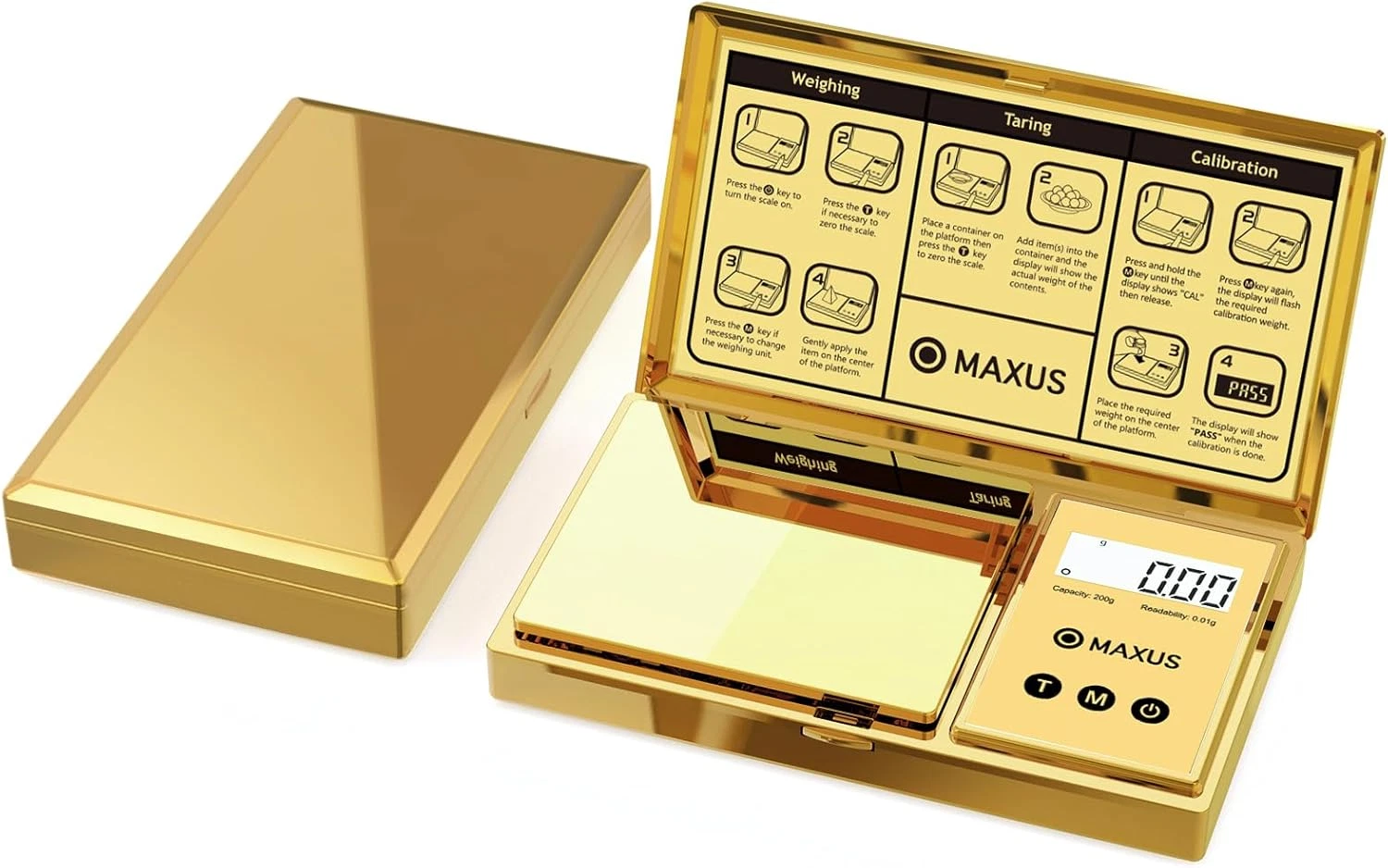 MAXUS Digital Gram Scale with 200G X 0.01G Capacity, Stylish Gold Plated Cover a