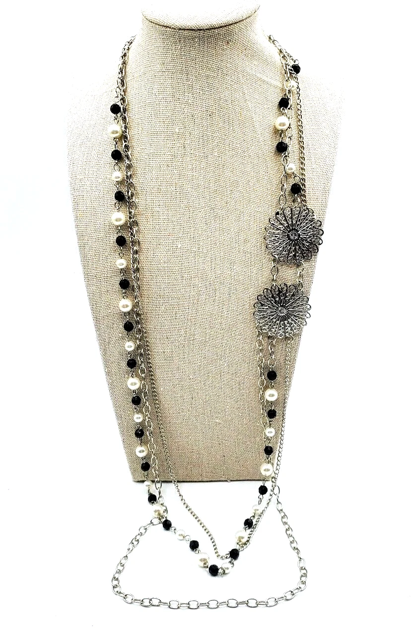 VETEMENTS Collana lunga floreale dichiarazione stratificata triplo filo perline catena tono argento 30"