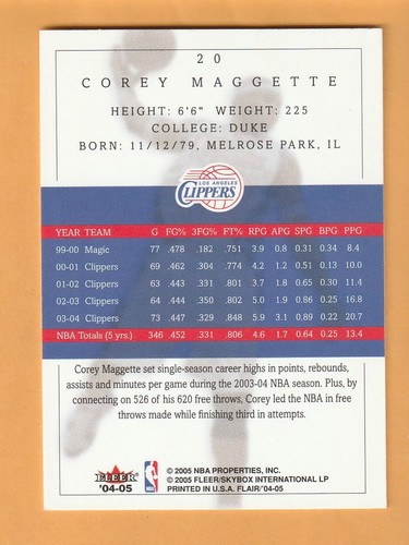 Corey Maggette Los Angeles Clippers 2004-05 Flair #20 Duke Blue Devils 13V - Picture 2 of 2