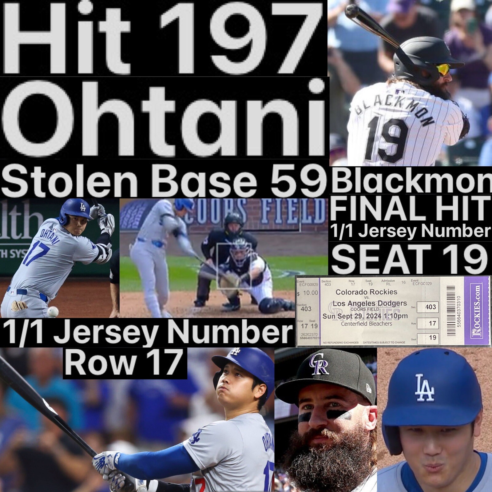 Maglia 1 1 Shohei Ohtani base rubata 59 # biglietto fila 17 Blackmon Final Hit Seat19