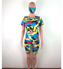 Women Camouflage Print With Mask 3 Piece Set Top Knee Short Length Tracksuit JS
