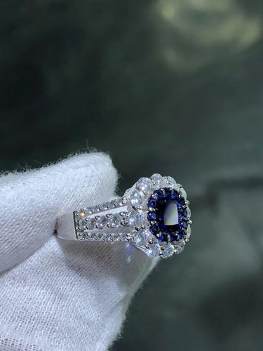 Platino Argento Blu & Bianco Zaffiro Cuscino Doppio Halo Misura Anello 7 - Foto 9 di 12