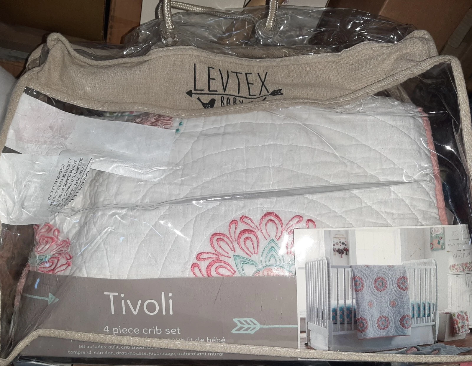 Levtex Tivoli 4 pc Crib Bedding Pink Coral Light Turquoise White Embroidered