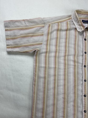 Patagonia Button Up Textured Casual Shirt Mens L Short Sleeve Striped Logo - Picture 6 of 9
