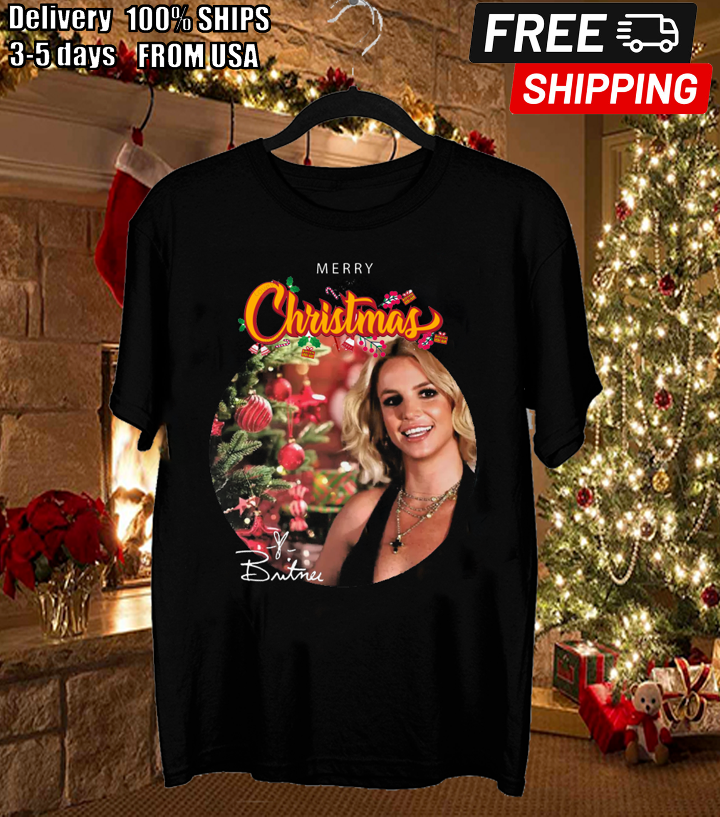 New Britney Spears Merry Christmas Short Sleeve Cotton S to 5XL T-shirt GC2600
