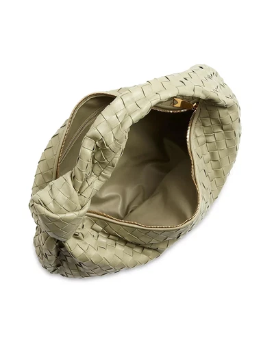 Brand New Bottega Veneta Jodie Small leather hobo bag in travertine/gold with front zipper pocket and braided design.