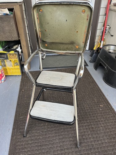 Vintage Cosco Kitchen Metal Step Stool Chair black Flip Up Seat chrome ...