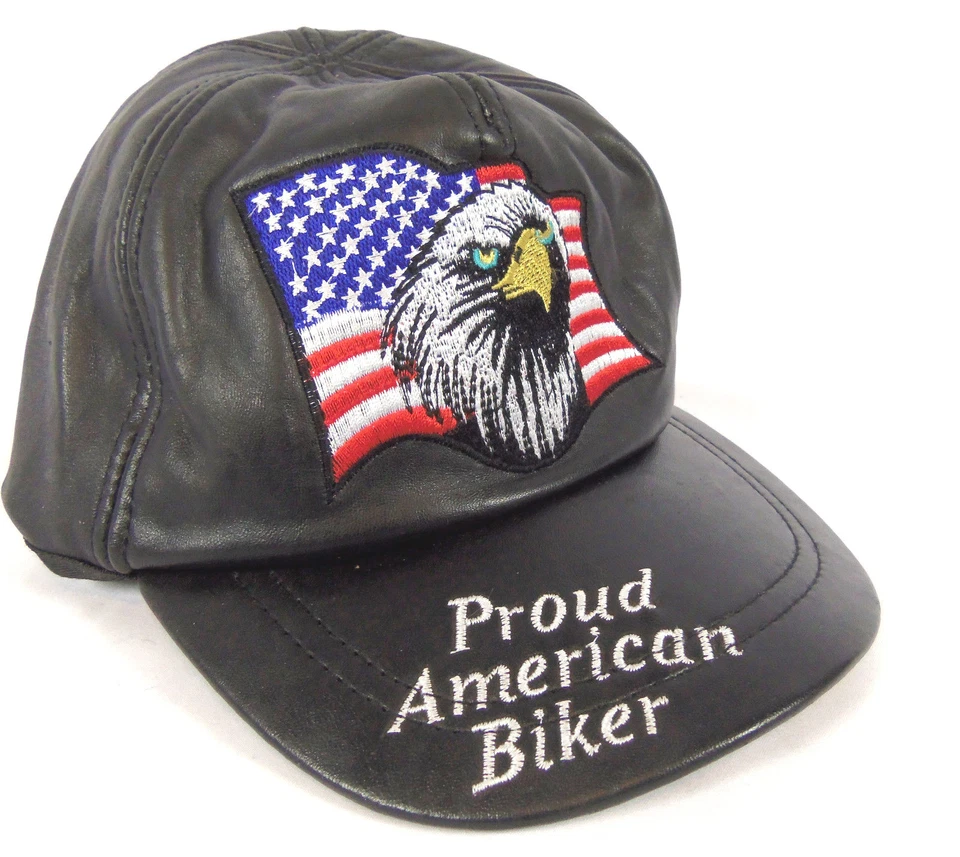 Diamond Plate Solid Leather Adjustable Cap Proud American Bikers - Image 2 of 2