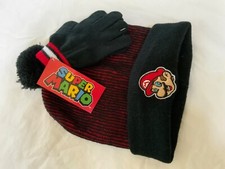 New Nintendo Super Mario Beanie hat kids Gloves Black Red set logo one size fits