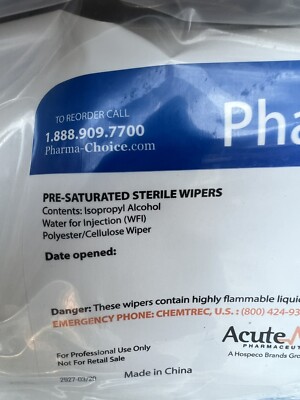 Pharma -Sat Plus Acute Care 9''X9'' Poly Cell Sterile Wipers Low Endotoxin Lot