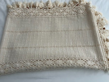 Handmade, Ivory, Lace, Hemstitch Embroidered, Tasselled, Linen Table/Bed Cover