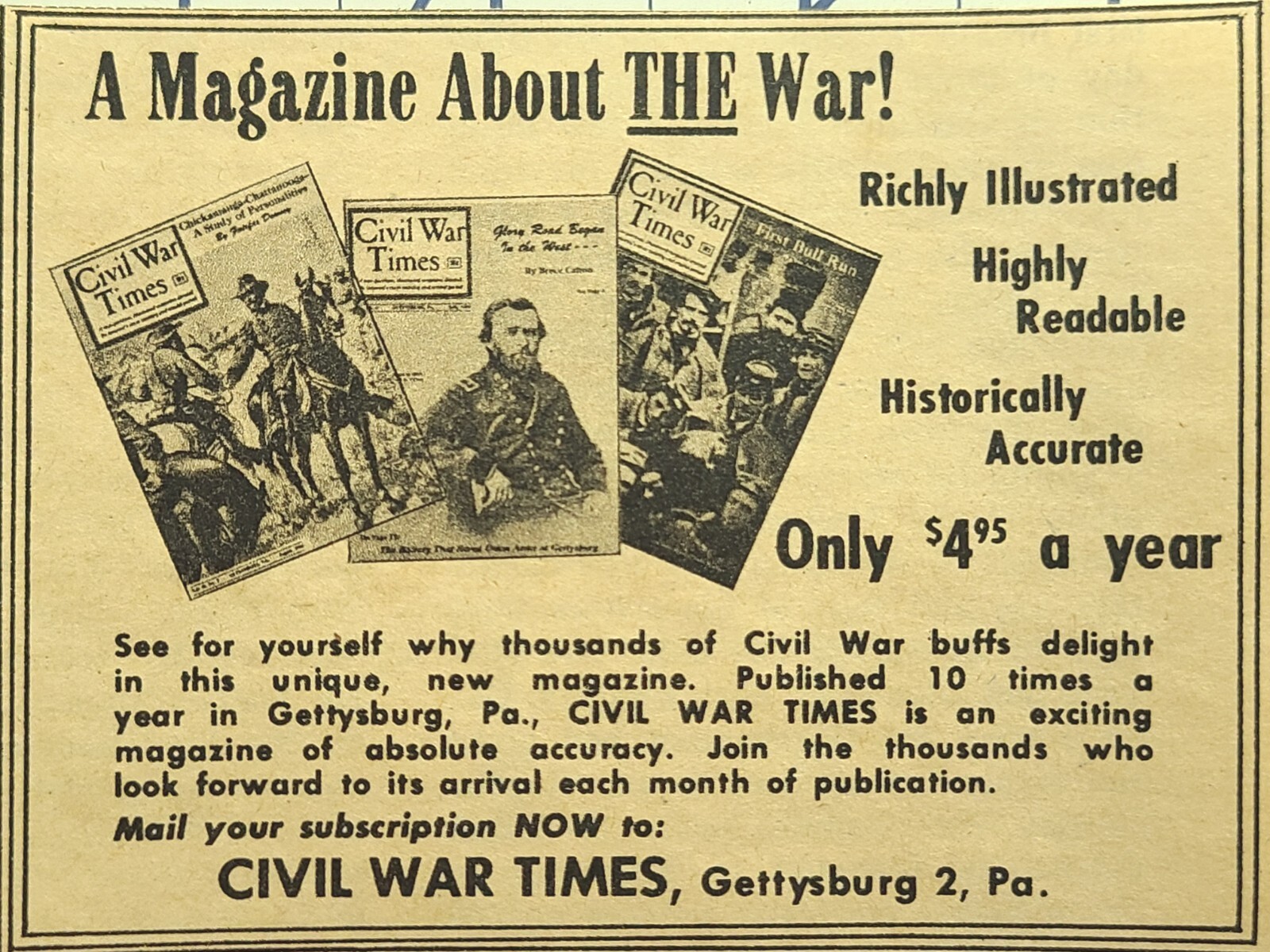 Civil War Times Gettysburg PA Accurate Readable Vintage Print Ad 1960