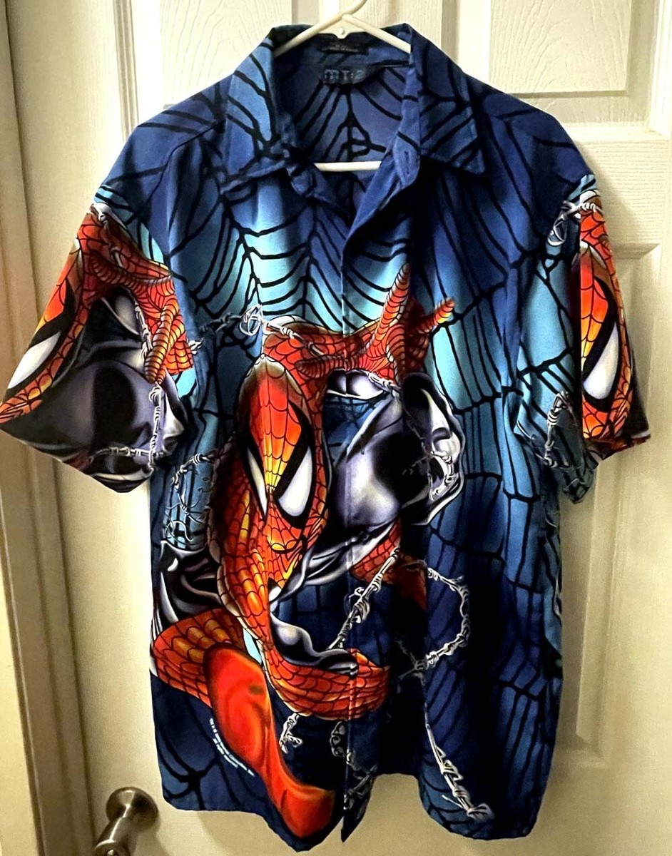 Spider-Man Blue Vintage Button down Shirt -front back graphics | eBay