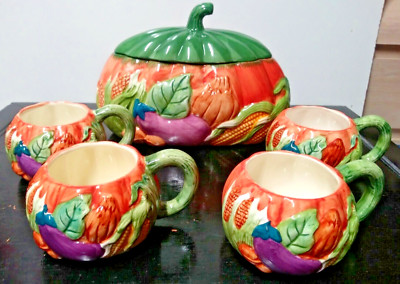 NWOB Pumpkin Soup Tureen w/lid + 4 Bowls Thanksgiving Harvest Halloween.No ladle