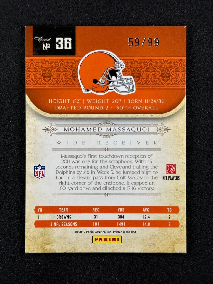 2011 National Treasures Base Short Print SP #36 Mohamed Massaquoi /99 CLE Browns - Image 2 of 2