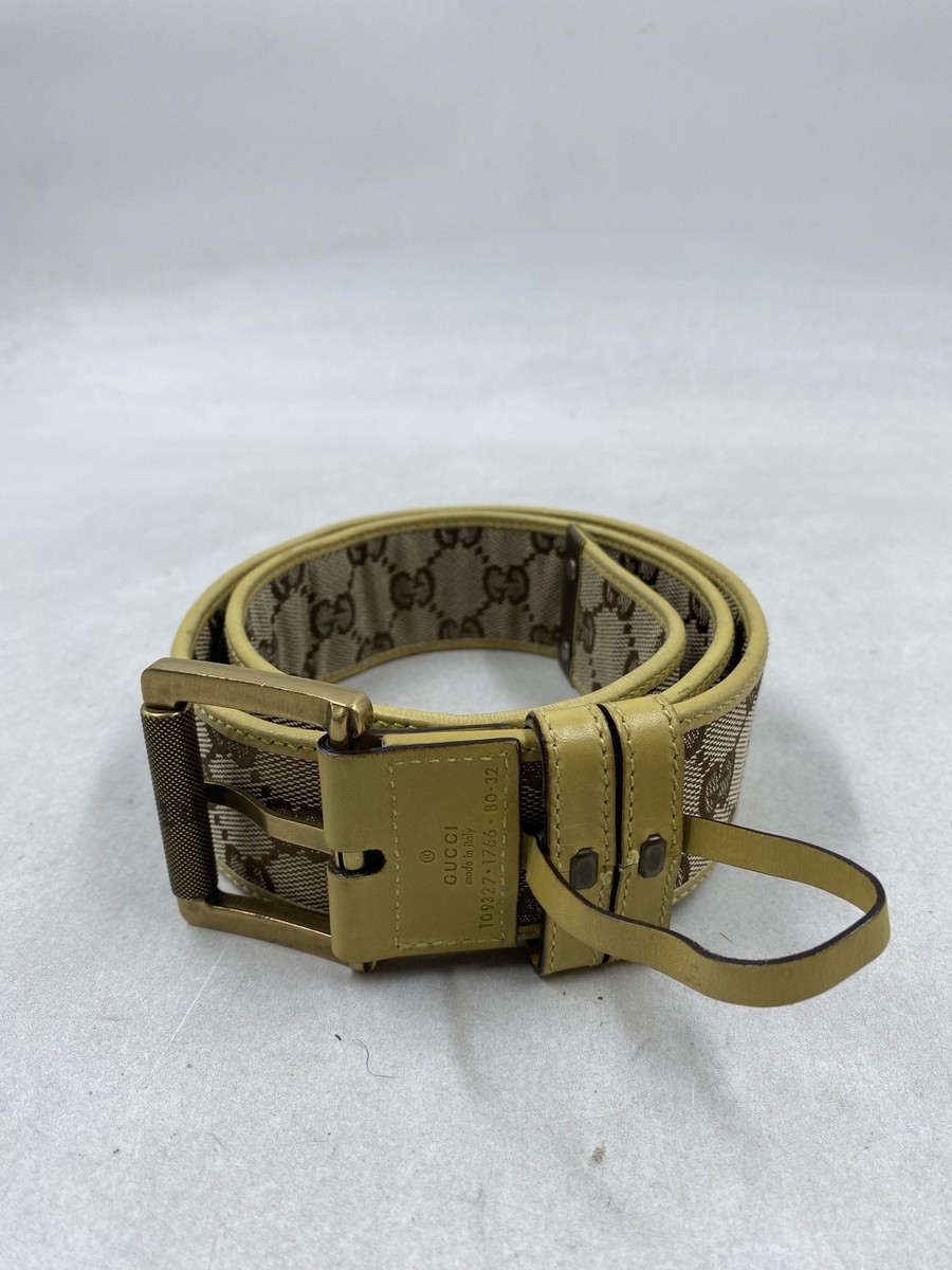 Gucci GG Beige Yellow Canvas Leather Trim Belt Length 32 display picture 1