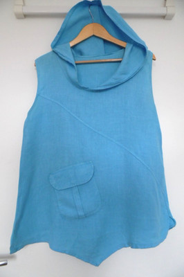 Legeres 100% Leinen Top Shirt Hoodie Kapuze Tasche Türkis L XL Asymetrisch