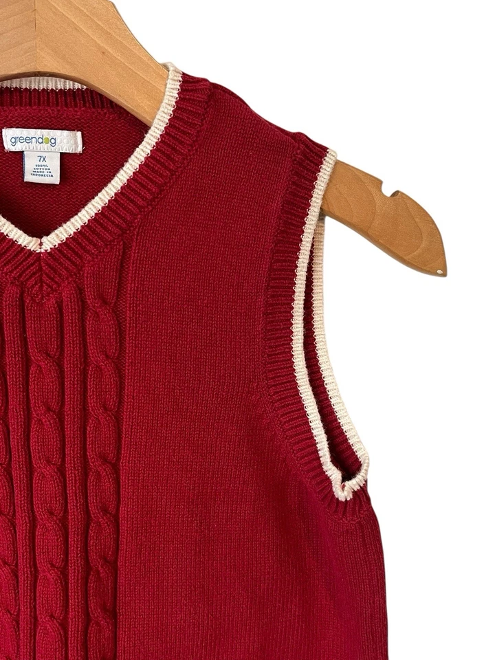 Chaleco de suéter de punto Greendog para niños talla 7X Rojo Blanco Ribete de punto de cable Cuello en V acanalado Foto 3 de 4