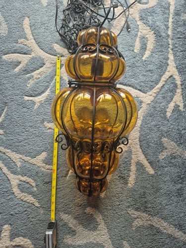 Handblown Seguso Murano Amber Caged Glass Hanging Light Fixture Lamp Estate Find