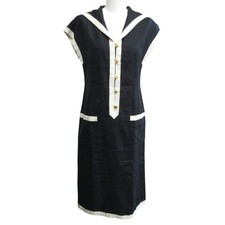 CHANEL 90s Vintage Sailor Collar Dress Coco Mark Gold Buttons Navy