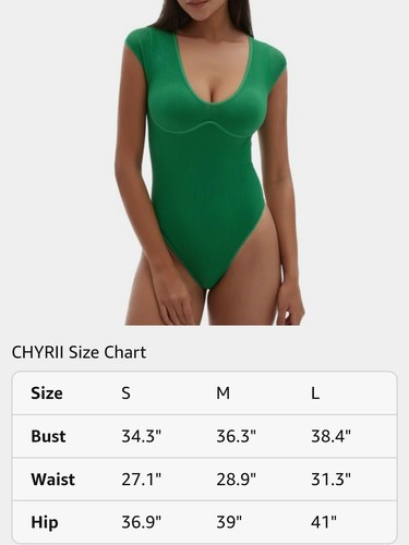CHYRII Womens Sexy Summer V Neck Bodysuit Tops Short Sleeve Going Out Top Green - Picture 5 of 6