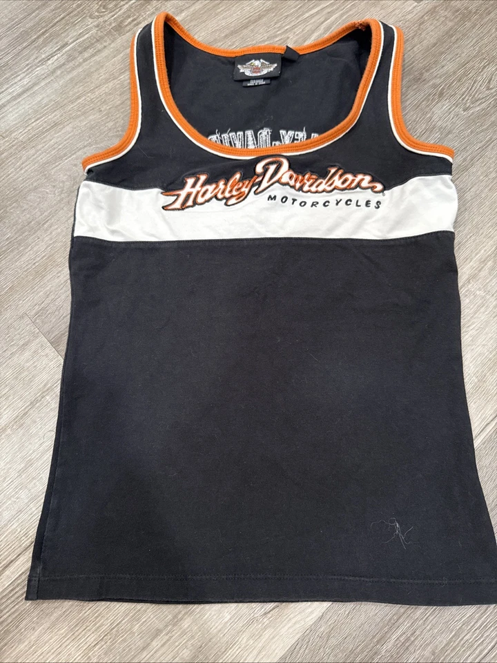 Camiseta sin mangas Harley-Davidson para mujer negra blanca a rayas 2008 talla XS excelente estado Foto 2 de 4