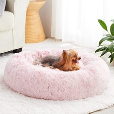Calming Donut Dog  Cat Bed 27x27x8in SelfWarming Faux Fur Plush Light Pink