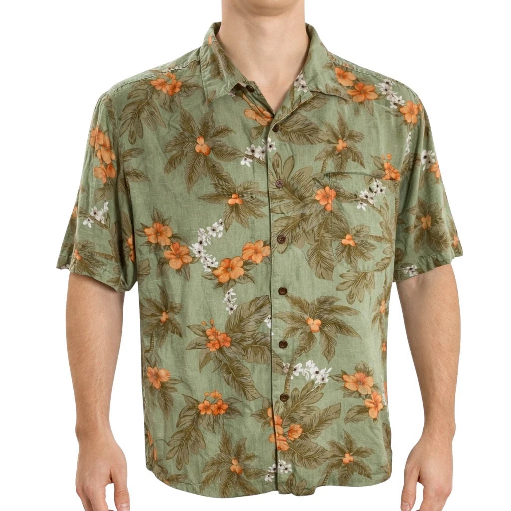 Caribbean Joe Hawaiian Aloha Shirt XL Floral Palm Trees Flowers Olive-Green