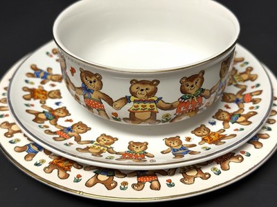 Vintage Japanese ACTION Brand Teddy Bear Ceramic Dish Set 3pc