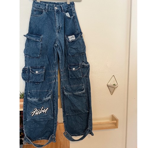 Forever 21 x FUBU 05 Y2K Baggy Cargo Wide Leg Denim Jeans Multi Pocket Blue