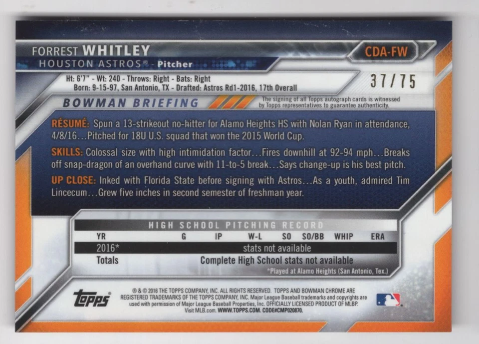 2016 Bowman Draft Picks & Prospects Chrome Pick Autographs Black Refractor - Image 2 of 2