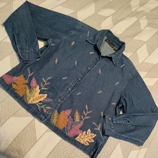 Autumn Leaves Chambray Shirt Jacket L Blue Embroidered L/S Boho Laganlook Granny