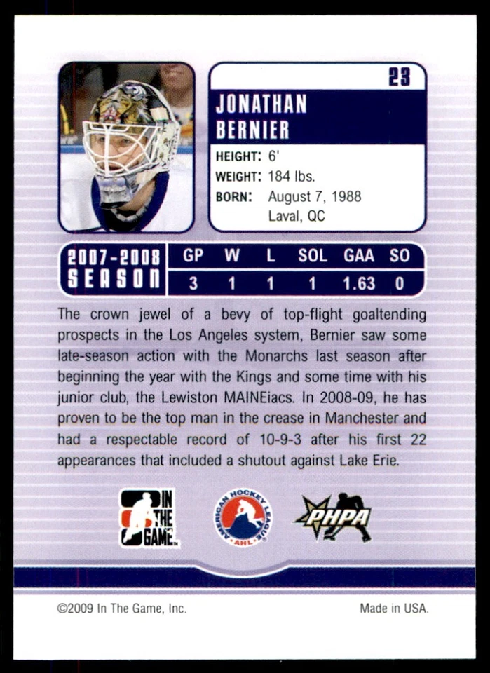 2008-09 In The Game Between Pipes Jonathan Bernier #23 - Image 2 of 2