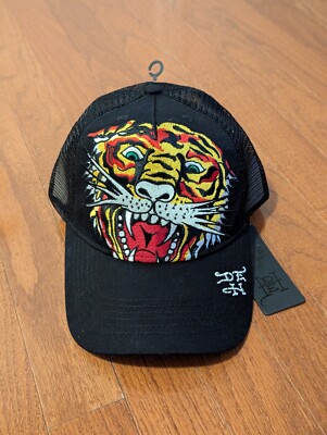 Ed Hardy White Orange Tiger Black Bill Trucker Cap Hat Snapback OSFA