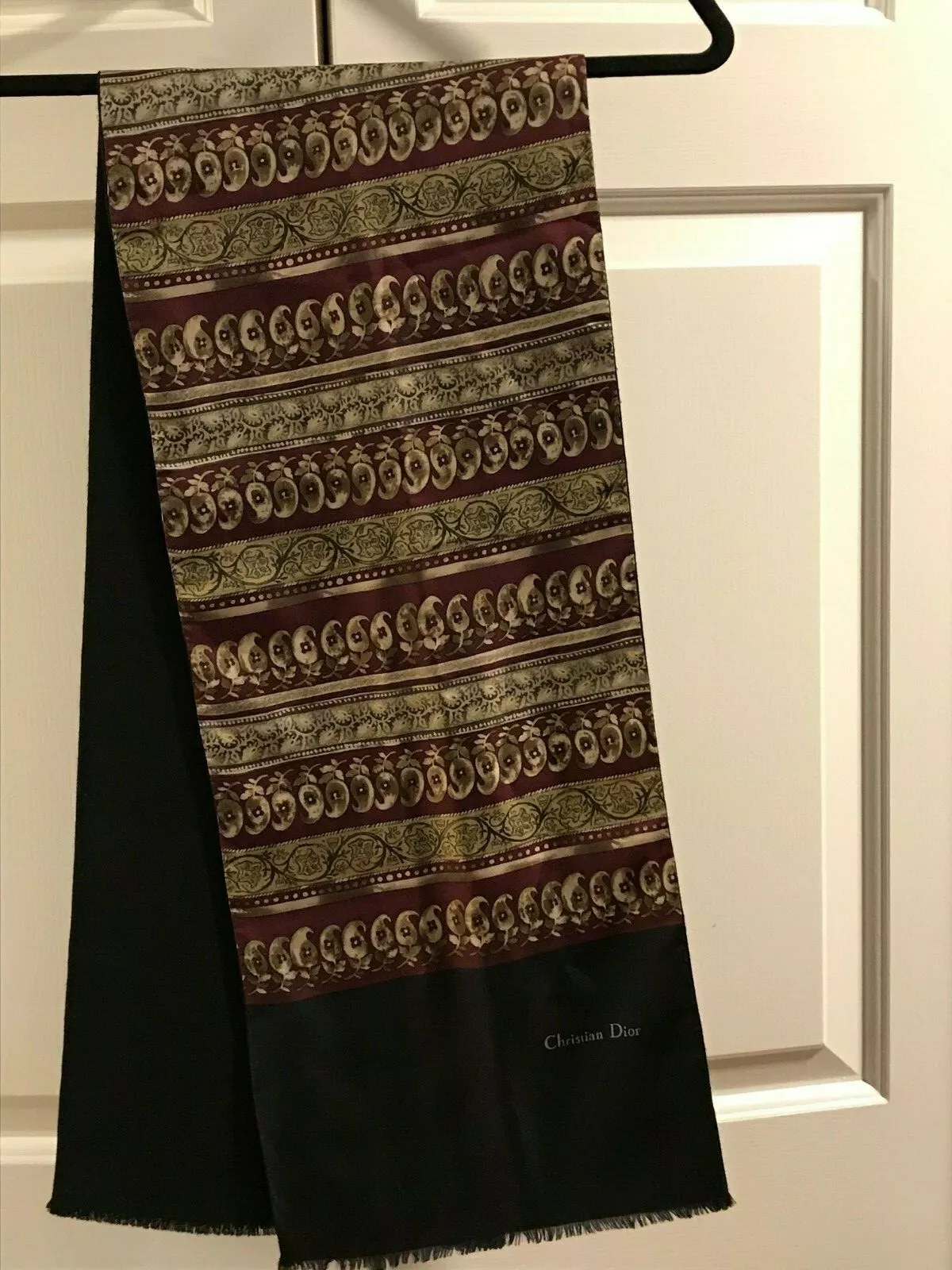 Foulard femme Christian Dior or bourguignon motif noir 100 % laine soie rare 