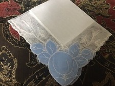 Vintage Netted Hankie Blue Appliqu  Corners Bridal Wedding VGC 