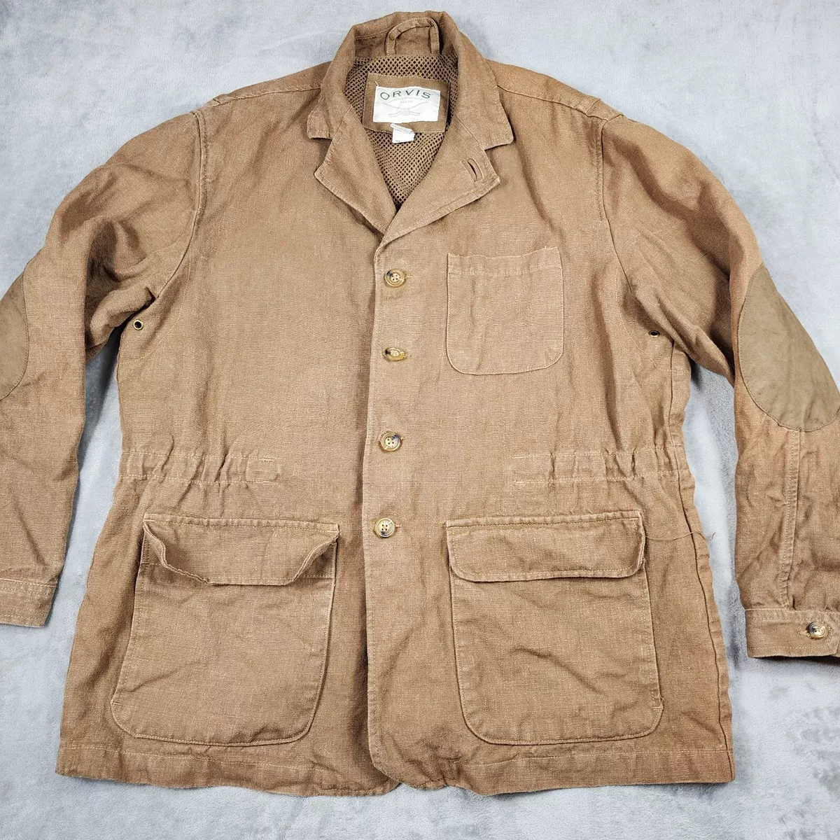 Orvis Mens Jacket Brown Large Safari Hunting Fishing Travel Elbow Patches  Coat