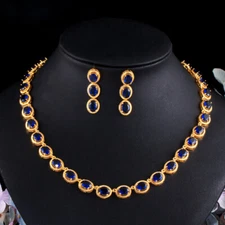 Indian Gold Blue CZ Wedding Jewelry Set Round Bridal Choker Necklace Earrings