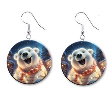Christmas Polar Bear Button Earrings Jewelry 1" Dangle MADE IN USA NEW