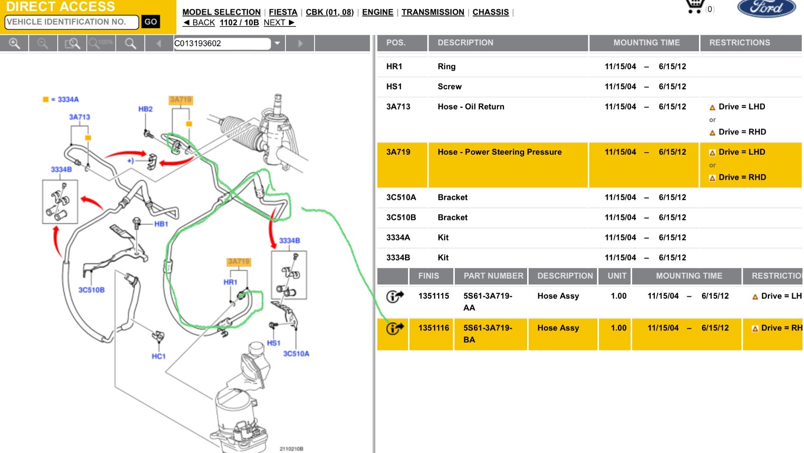 Genuine Ford Fiesta Mk6 Fusion Power Steering Hose 1351116 for  