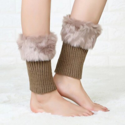 Women Faux Fur Trim Solid Short Leg Warmers Plush Boot Socks Furry Winter Warm