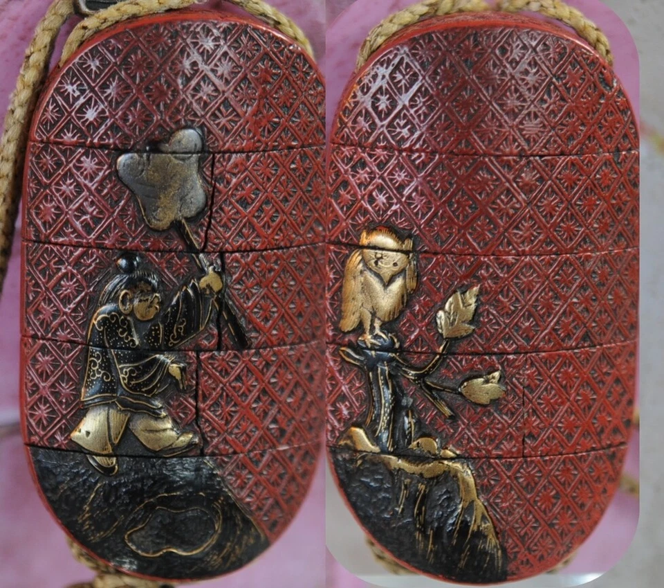 Atribuido Hanzan Inro Netsuke Ojime Tsuishu Cinnebar Laca Oro Japón EDO 18c Foto 2 de 4