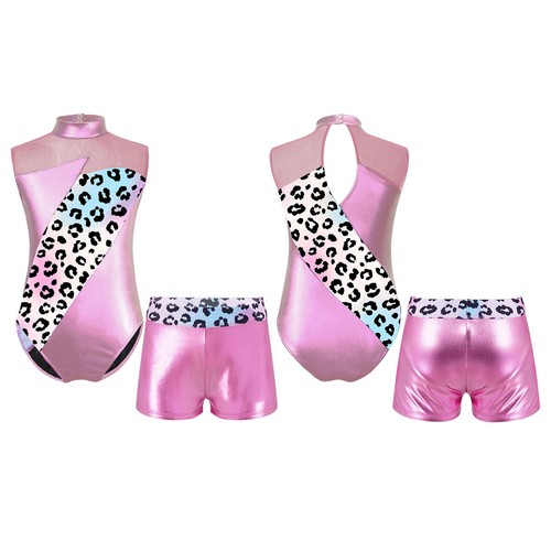 Children Girls Dance Outfit Keyhole Back Biketard Mesh Patchwork Dancewear - Picture 44 of 59